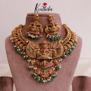 Royal Grand Nagas Jadau Temple necklace with Green Beads NC1874