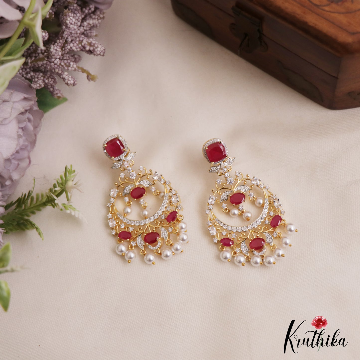 Stunning Floral Motifs AD Victorian Chandbali Earrings With Pearl Drops E1119 (Available In 2 Colors)