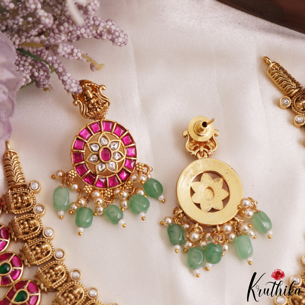 Premium Antique Lakshmi Mango Motifs Jadau Necklace With Green Bead Drops NC3165