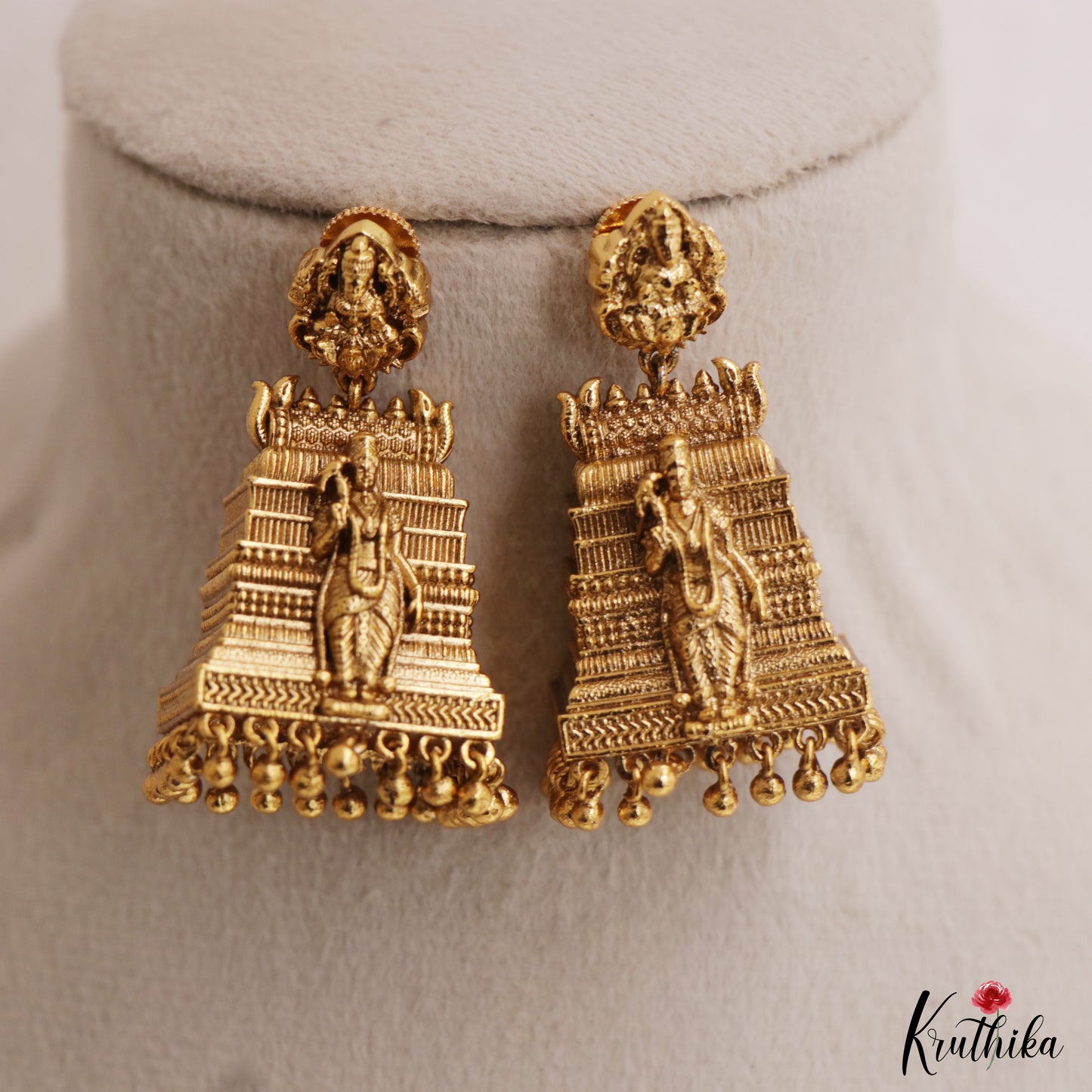 Classic Goddess Meenakshi Gopuram Jhumkas With Golden Bead Drops E1148