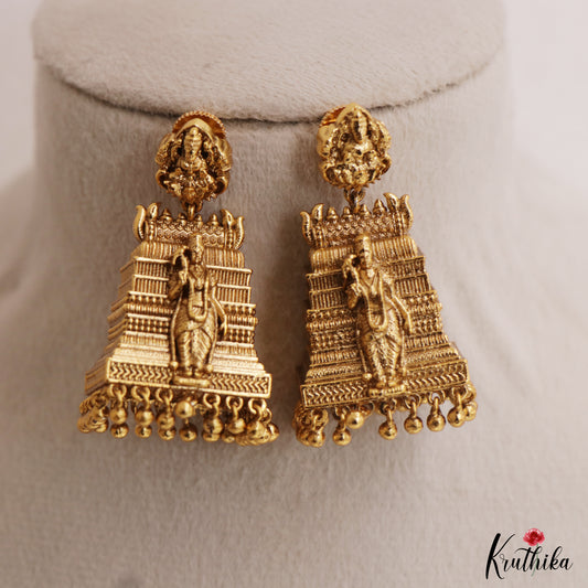 Classic Goddess Meenakshi Gopuram Jhumkas With Golden Bead Drops E1148