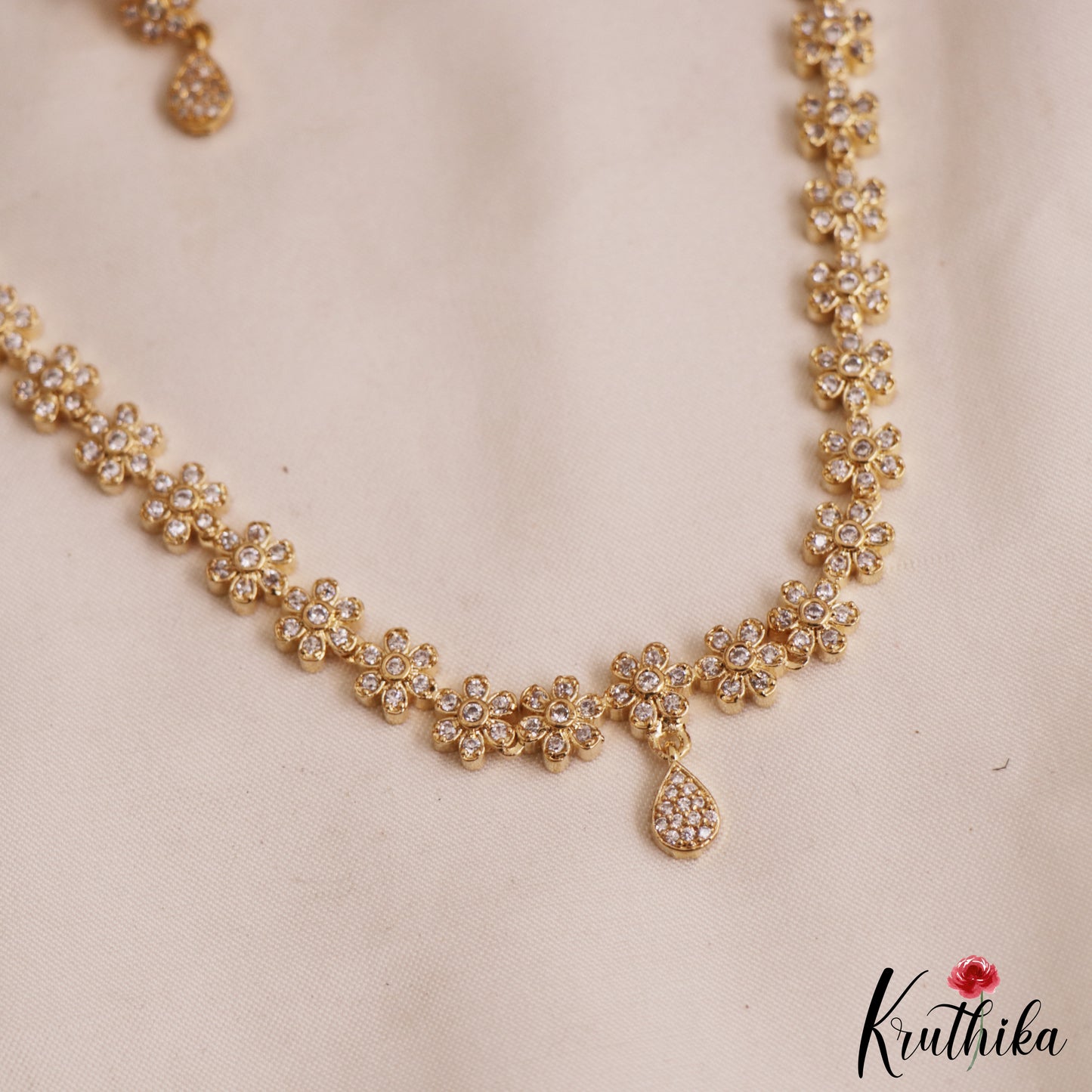 Sparkling Floral Motifs Gold-Tone AD Necklace NC2867