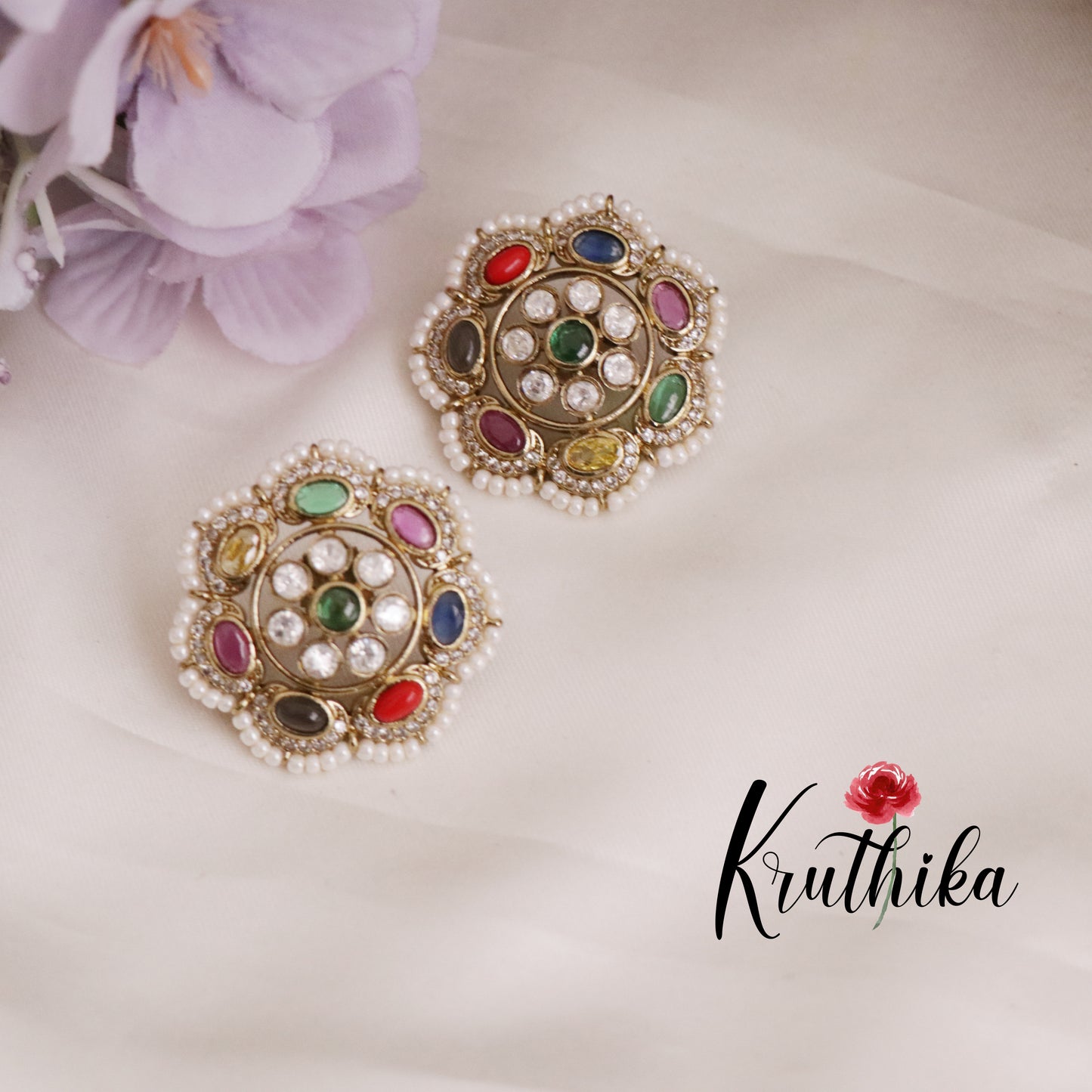 Beautiful Navratna Floral Studs with Pearl Border E685
