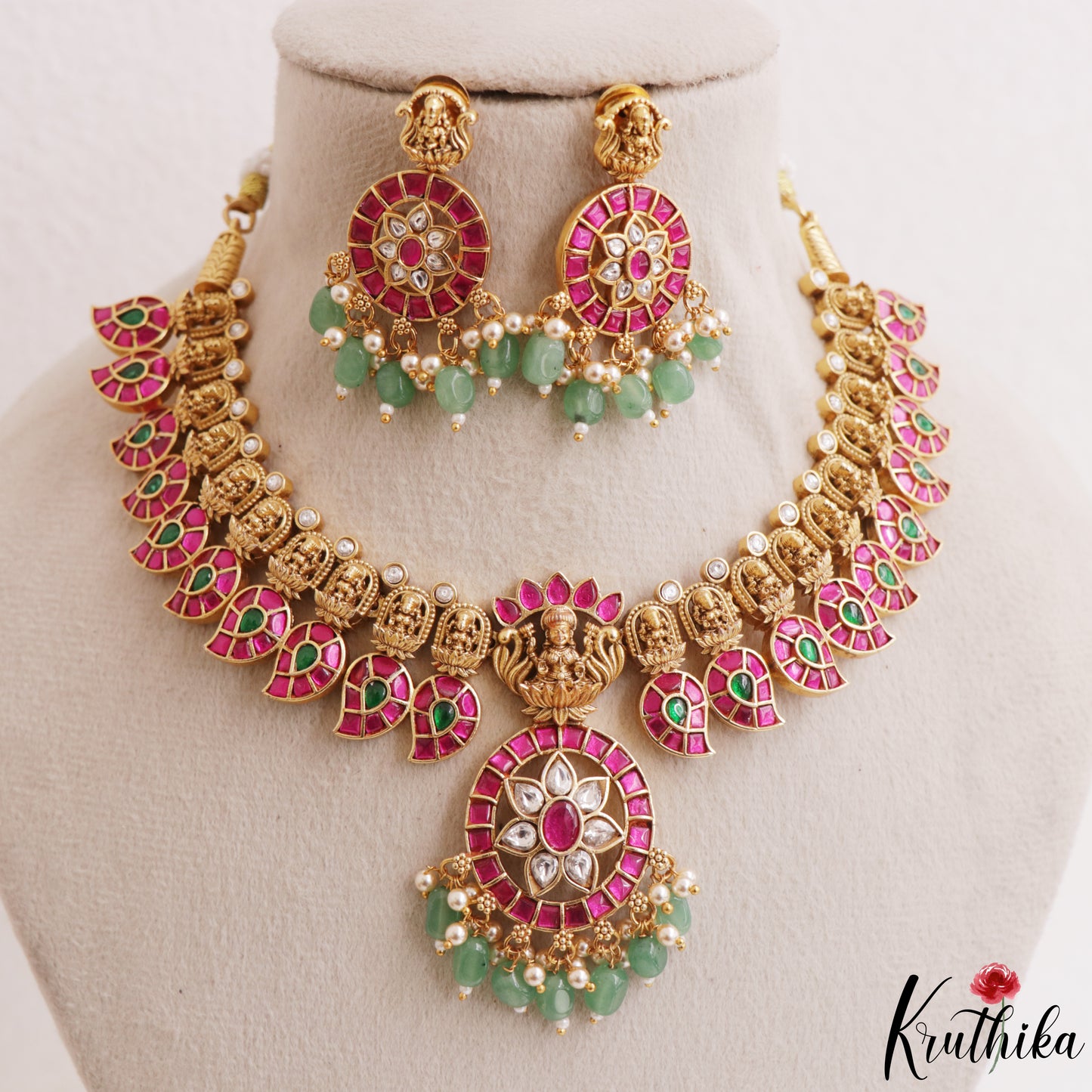 Premium Antique Lakshmi Mango Motifs Jadau Necklace With Green Bead Drops NC3165