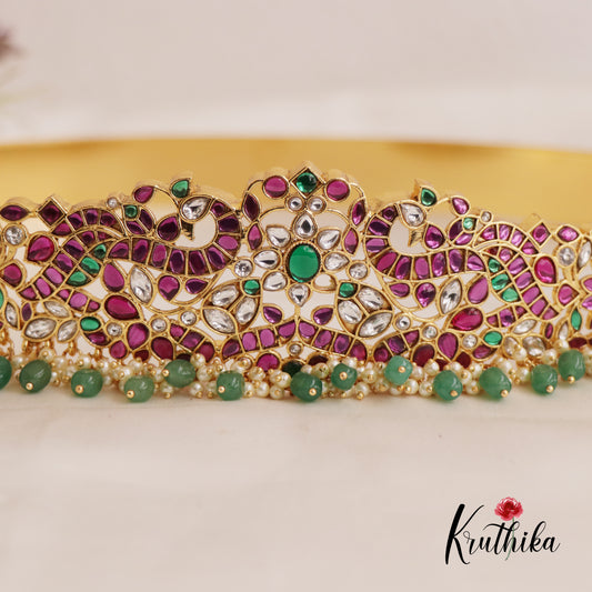 Gorgeous Peacock Floral Jadau Hip Belt With Pearl And Bead Drops V326 (Available In 2 Colors)