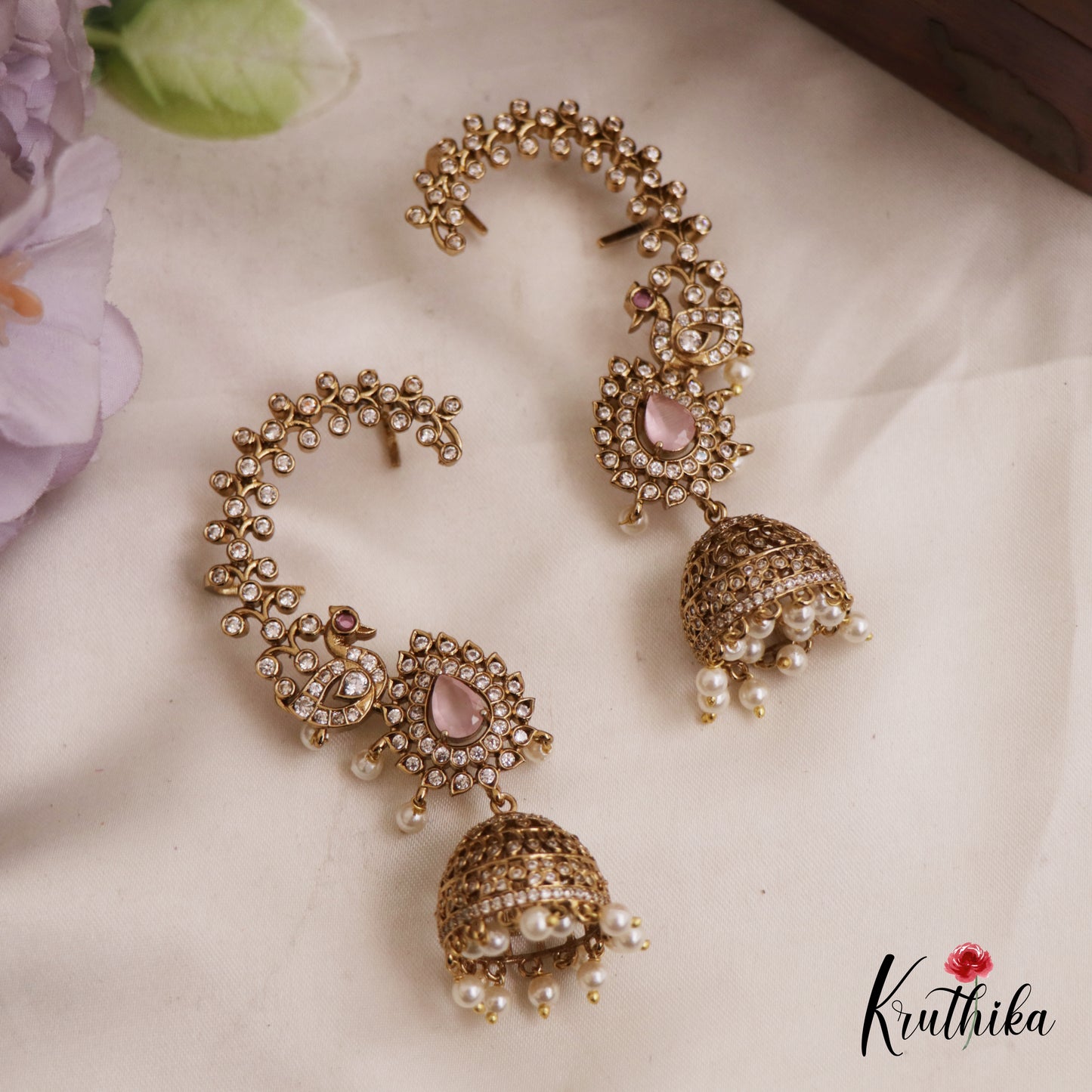 Gorgeous Peacock Teardrop Motifs AD Ear Cuff With Pearl Drops E977 (Available In 5 Colors)