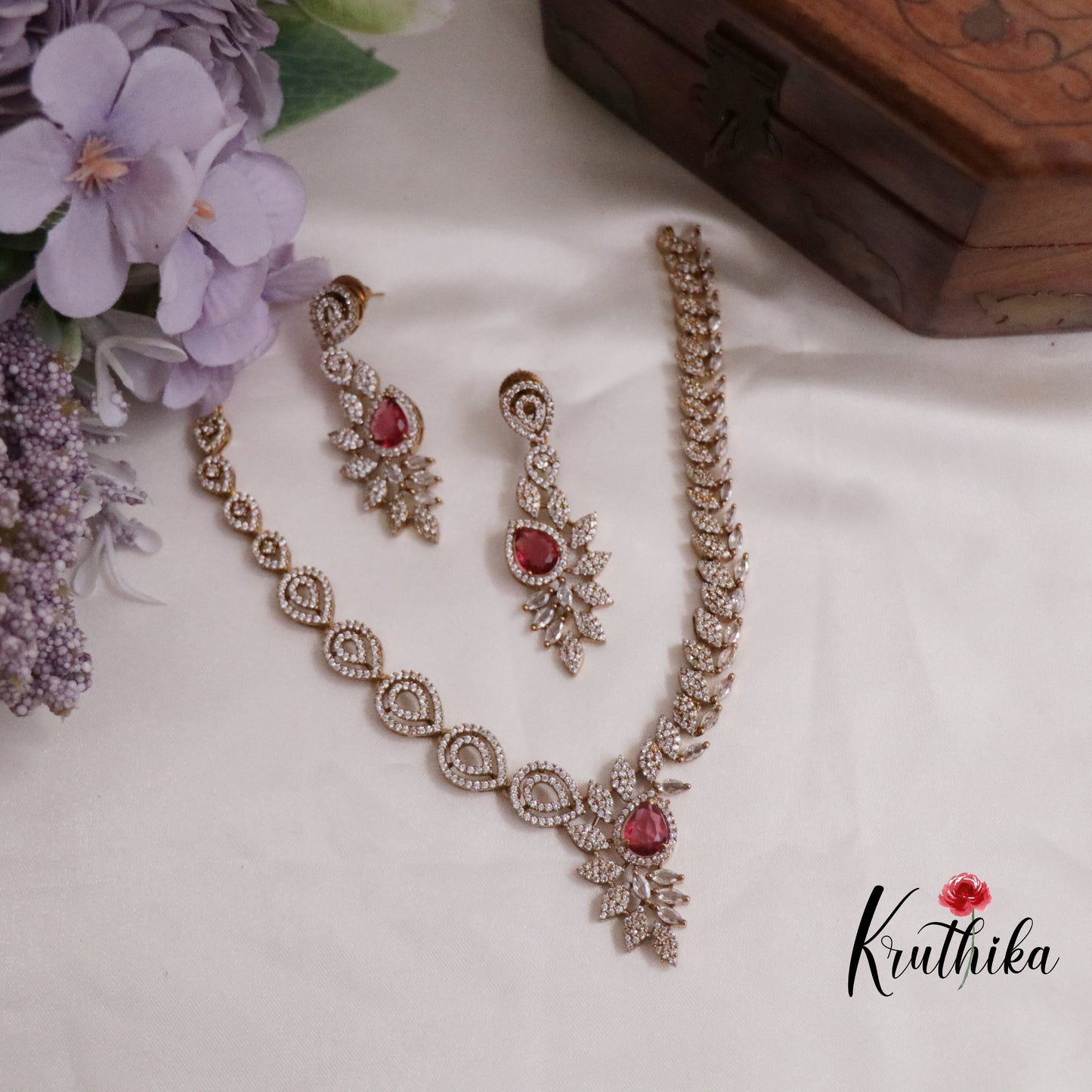 Elegant CZ Floral Drop Necklace Set NC2234 (Available in 2 Colours)