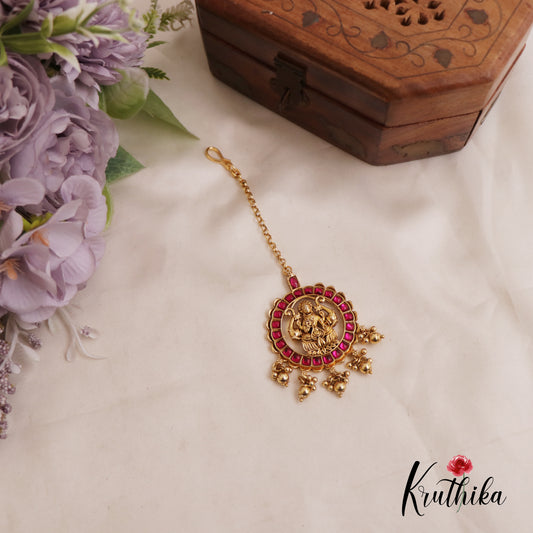 Elegant Lakshmi Jadau Maang Tikka With Bead Drops MT306