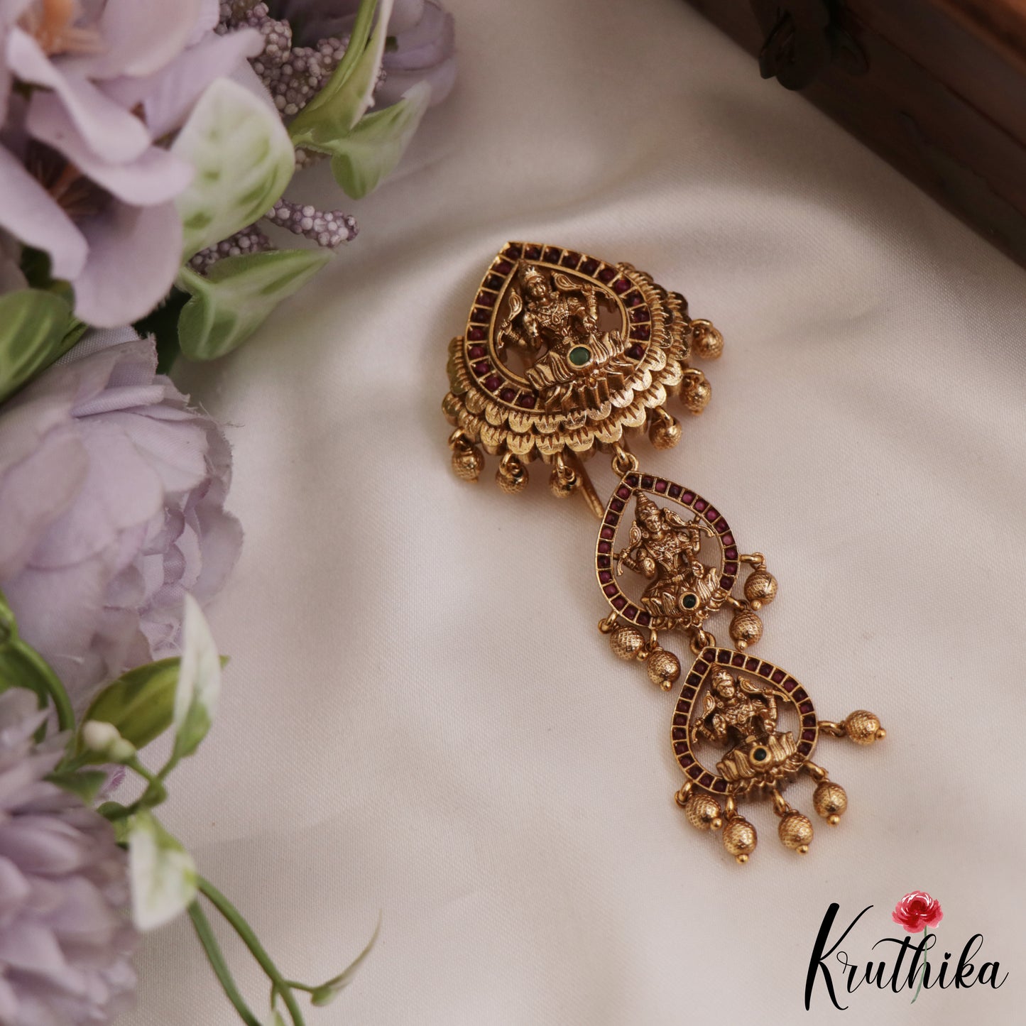 Traditional Kemp Lakshmi Motifs Jada Billa With Golden Bead Drops  J311