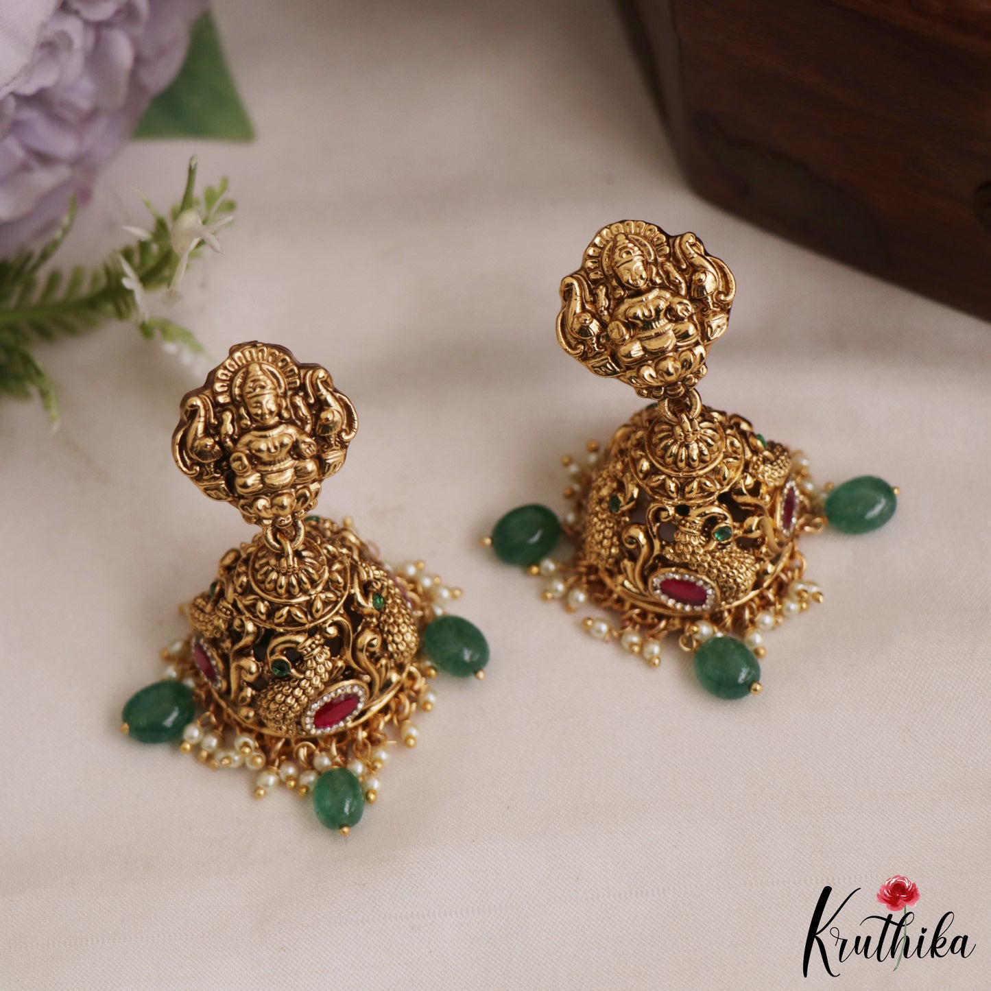 Premium Antique Nagas Lakshmi Peacock Motifs Jadau Pendant Set With Green Bead Drops  PS297