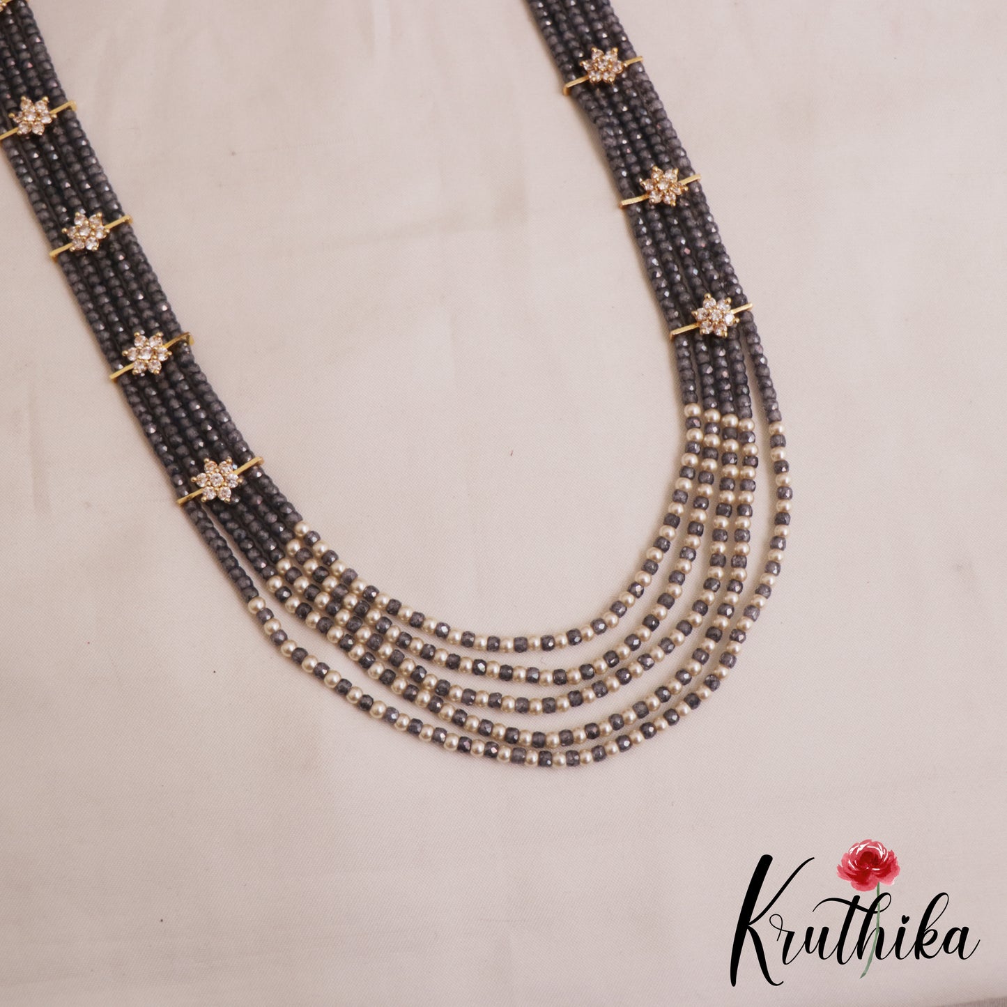 Sparkling Multi Layered crystal & Pearl statement Haaram with floral accents LH2081 (Available In 13 Colors)
