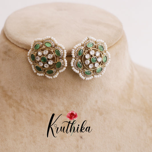 Trendy Pearl Border Floral Blossom Stud Earrings E683 (Available in 3 Colors)