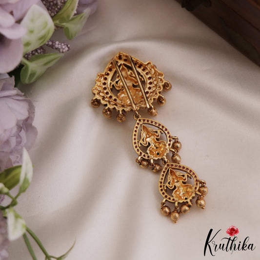 Traditional Kemp Lakshmi Motifs Jada Billa With Golden Bead Drops  J311