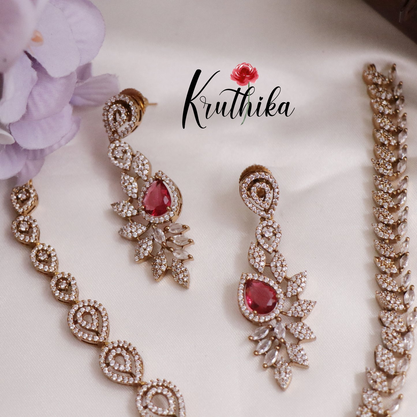 Elegant CZ Floral Drop Necklace Set NC2234 (Available in 2 Colours)