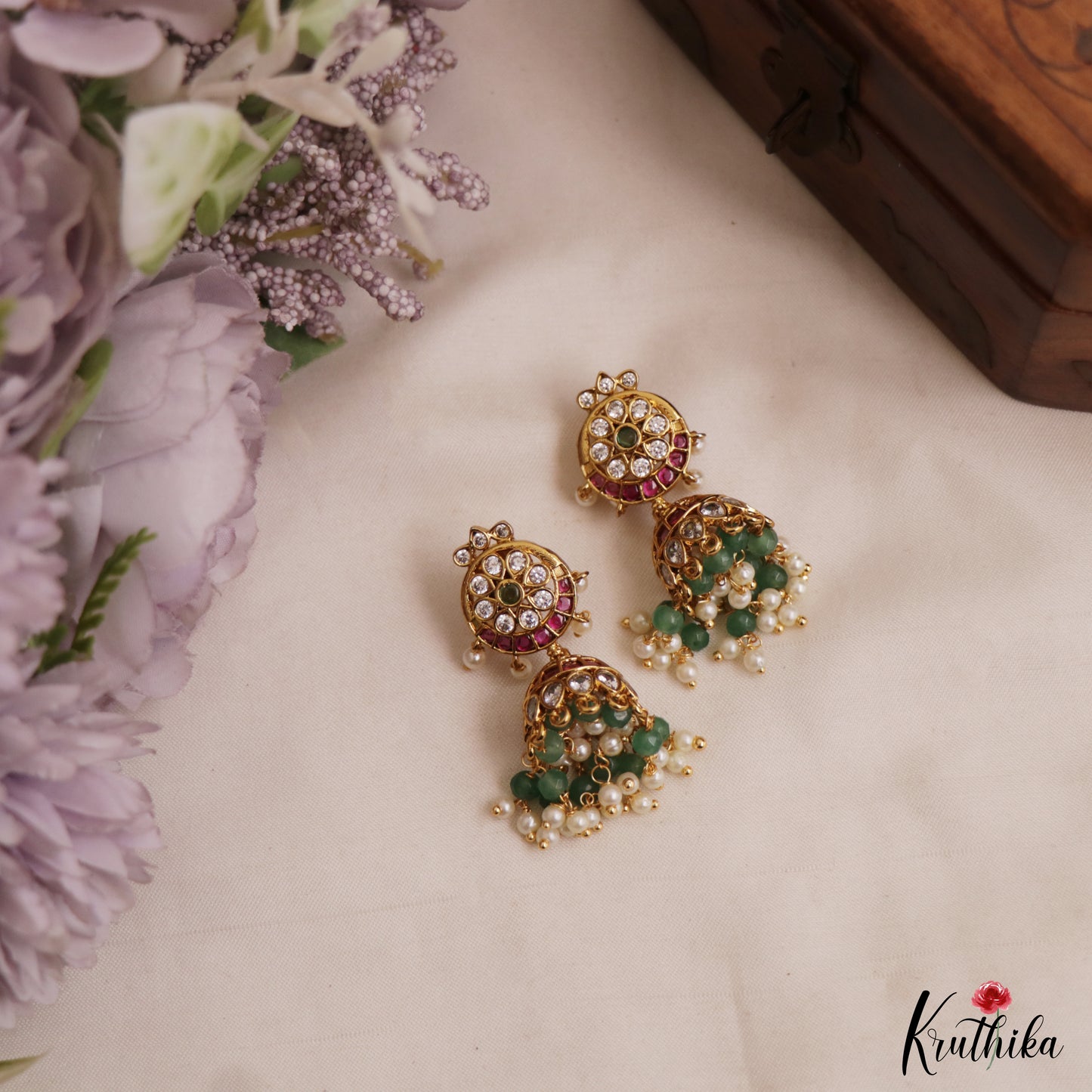 Trendy Floral Motifs Kemp Jhumas With Pearl Bead Drops E1147