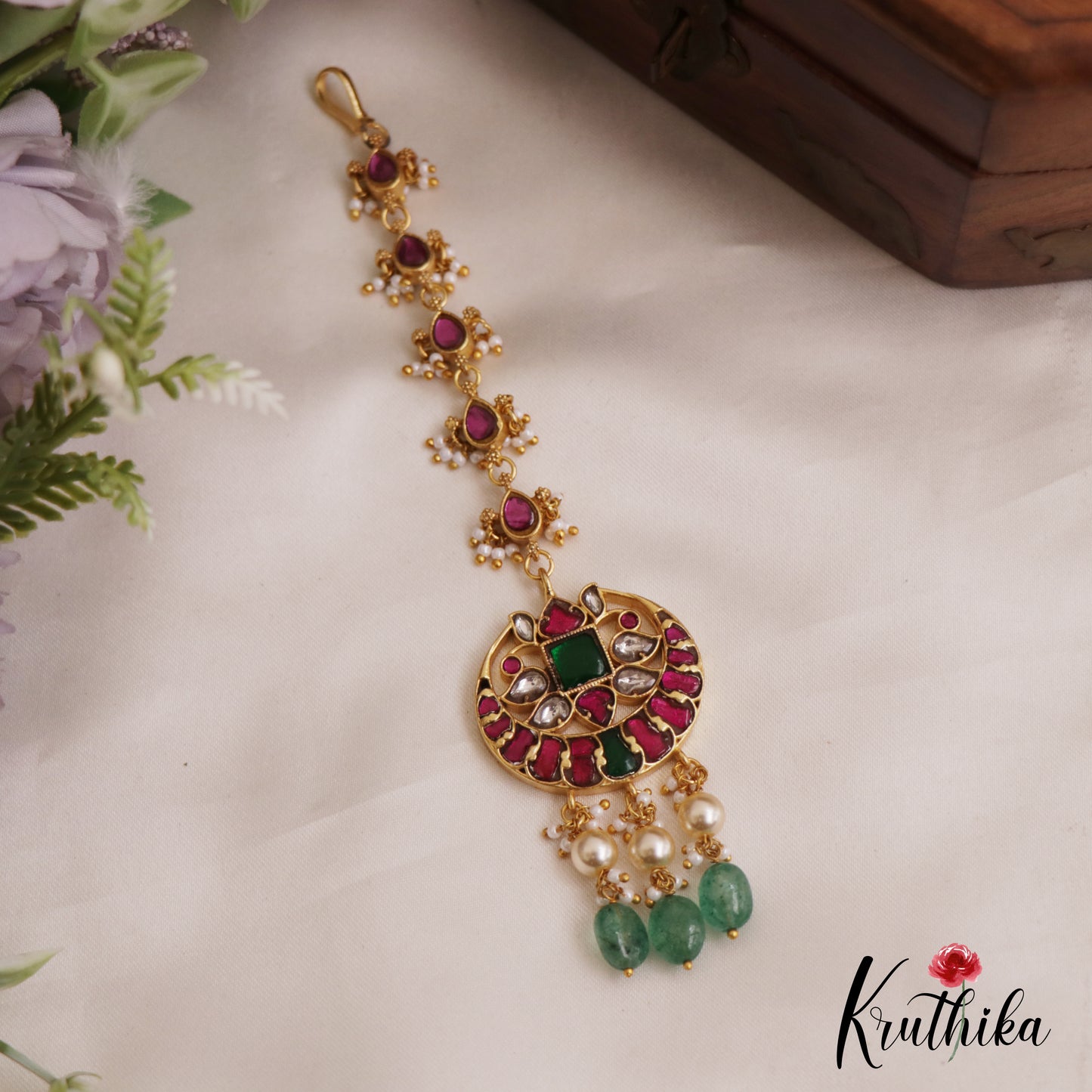 Beautiful Teardrop Motifs Maang Tikka With Green Bead Drops MT360