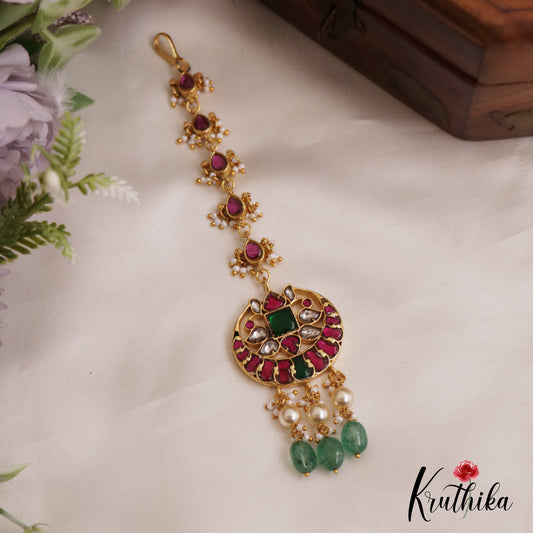 Beautiful Teardrop Motifs Maang Tikka With Green Bead Drops MT360