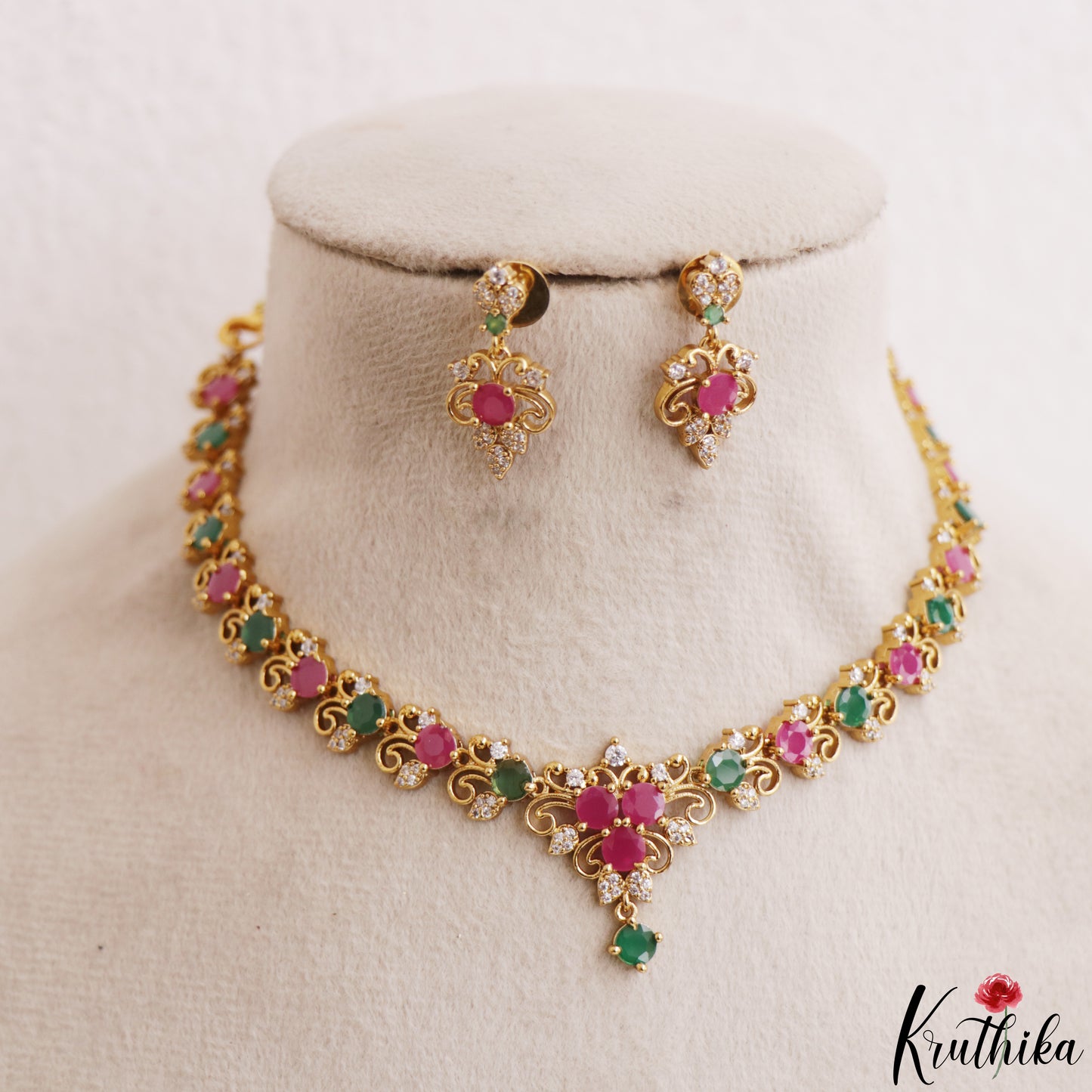 Elegant Floral Motifs Gold-Tone CZ Necklace NC3224 (Available In 3 Colors)