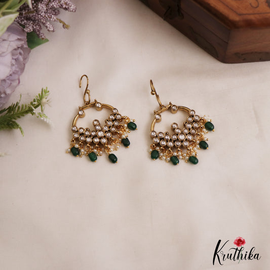 Beautiful Floral Reversible Kemp Earrings With Green Bead Drops E1130