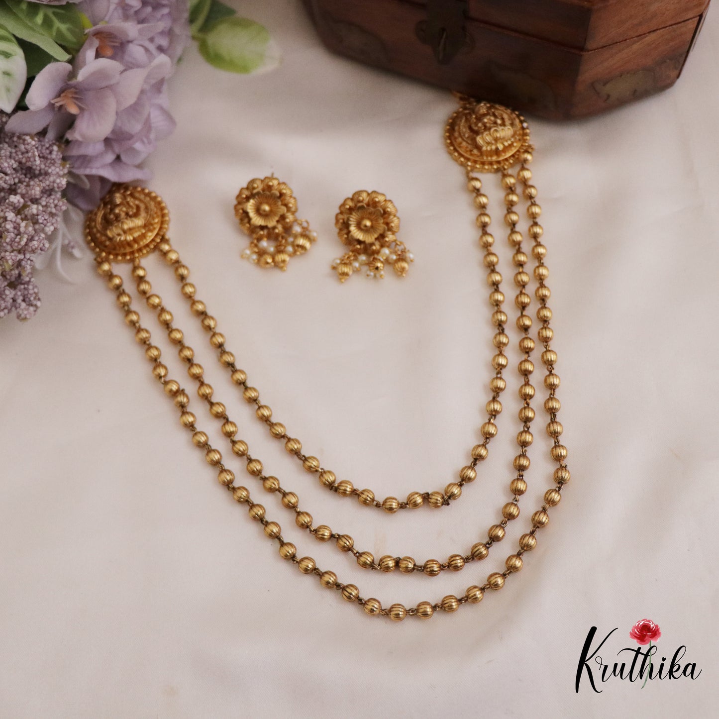 Beautiful Antique Lakshmi Motifs Triple Strand Golden Beaded Chain Necklace NC2707
