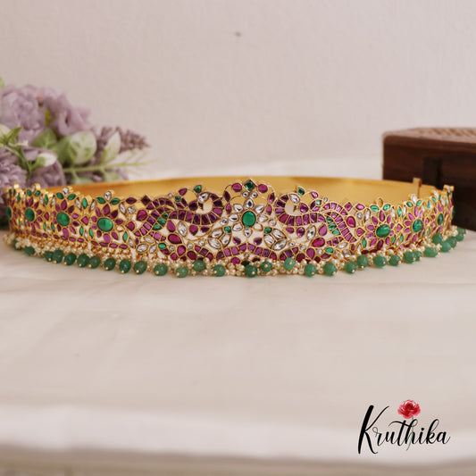 Gorgeous Peacock Floral Jadau Hip Belt With Pearl And Bead Drops V326 (Available In 2 Colors)