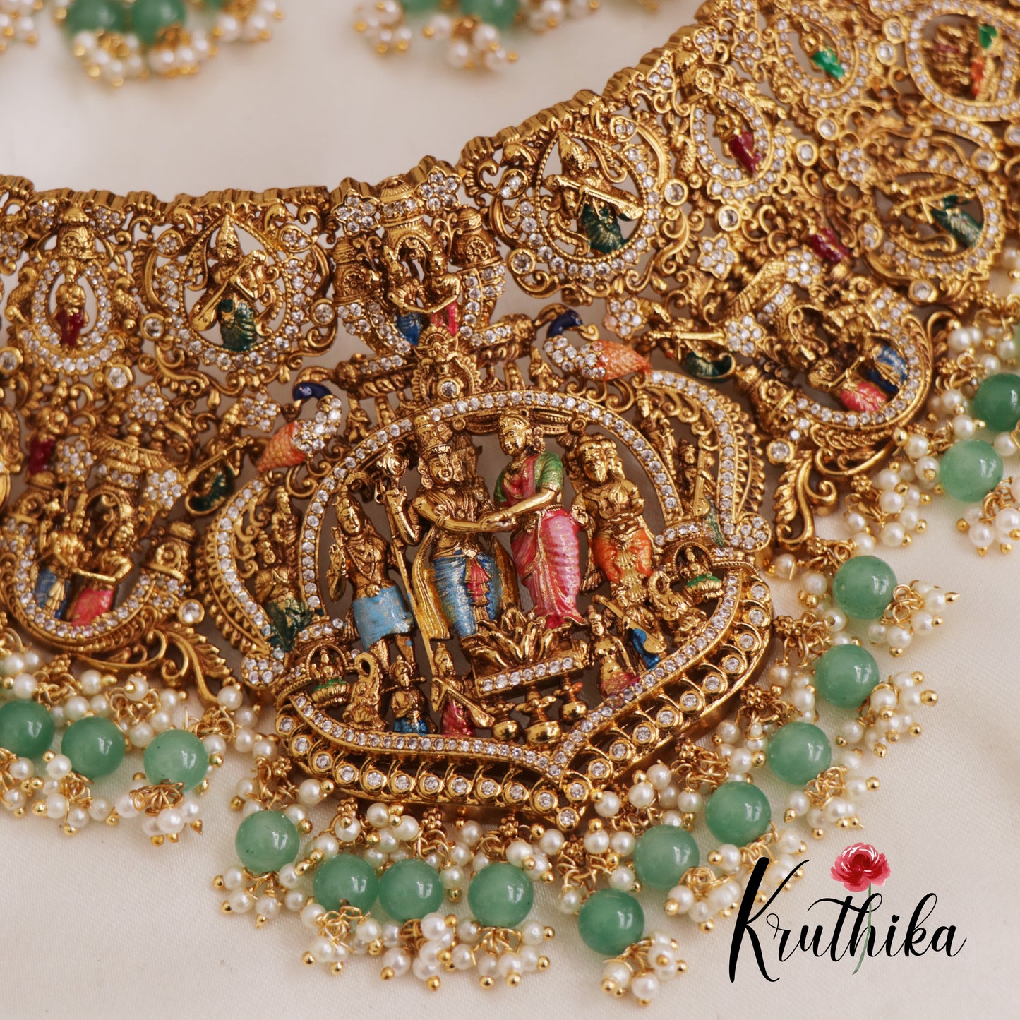 Intricate Hand painted Srinivasa Kalyanam Choker With Pearl And Bead Drops NC2607