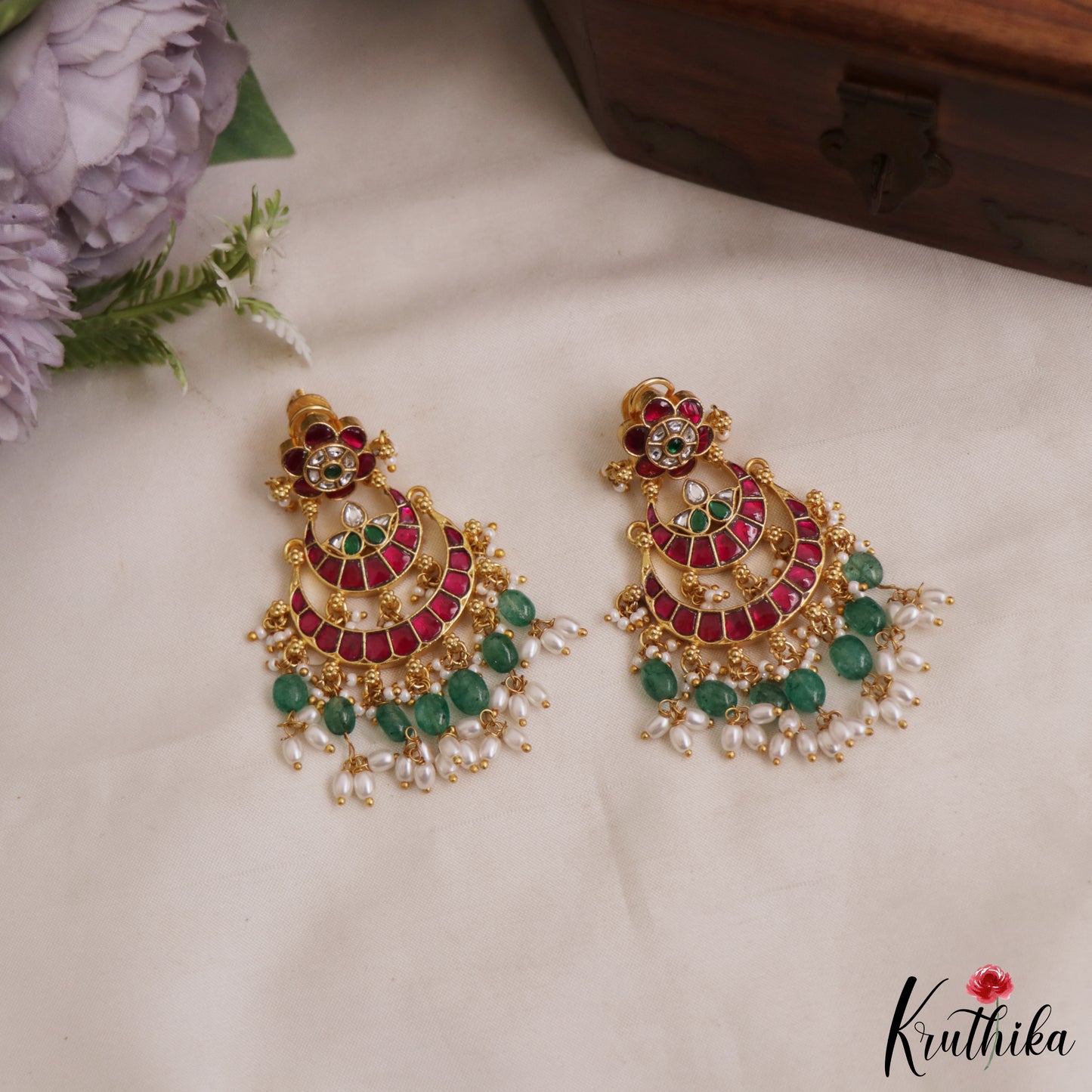 Gorgeous Floral Motifs Chandbali Jadau Earrings With Green Bead Drops E1084