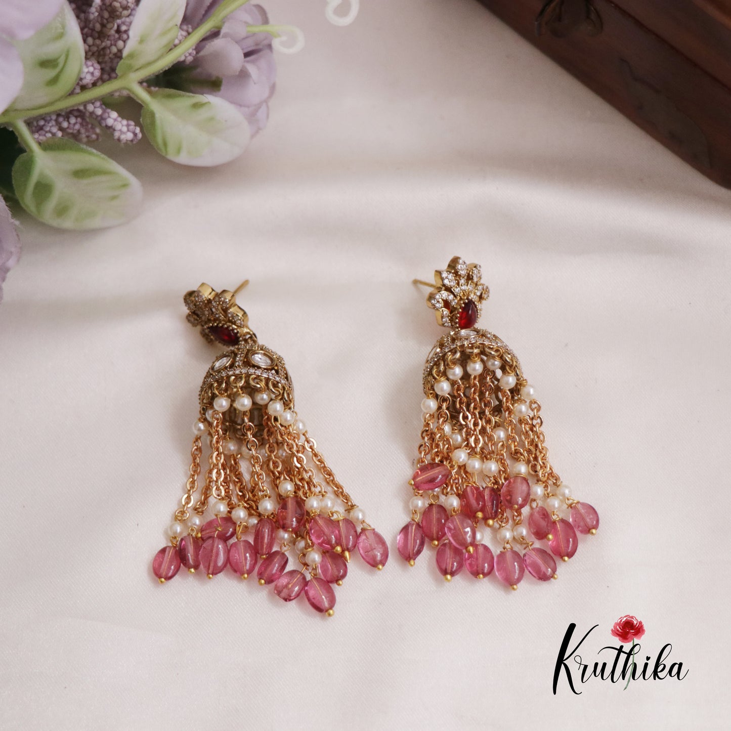 Beautiful AD Stone Floral With Chain Bead Drops Jhumka Earrings E800