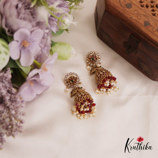 Gorgeous Floral Peacock Motifs Jadau Jhumka With Bead Drops E1000 (Available In 2 Colors)