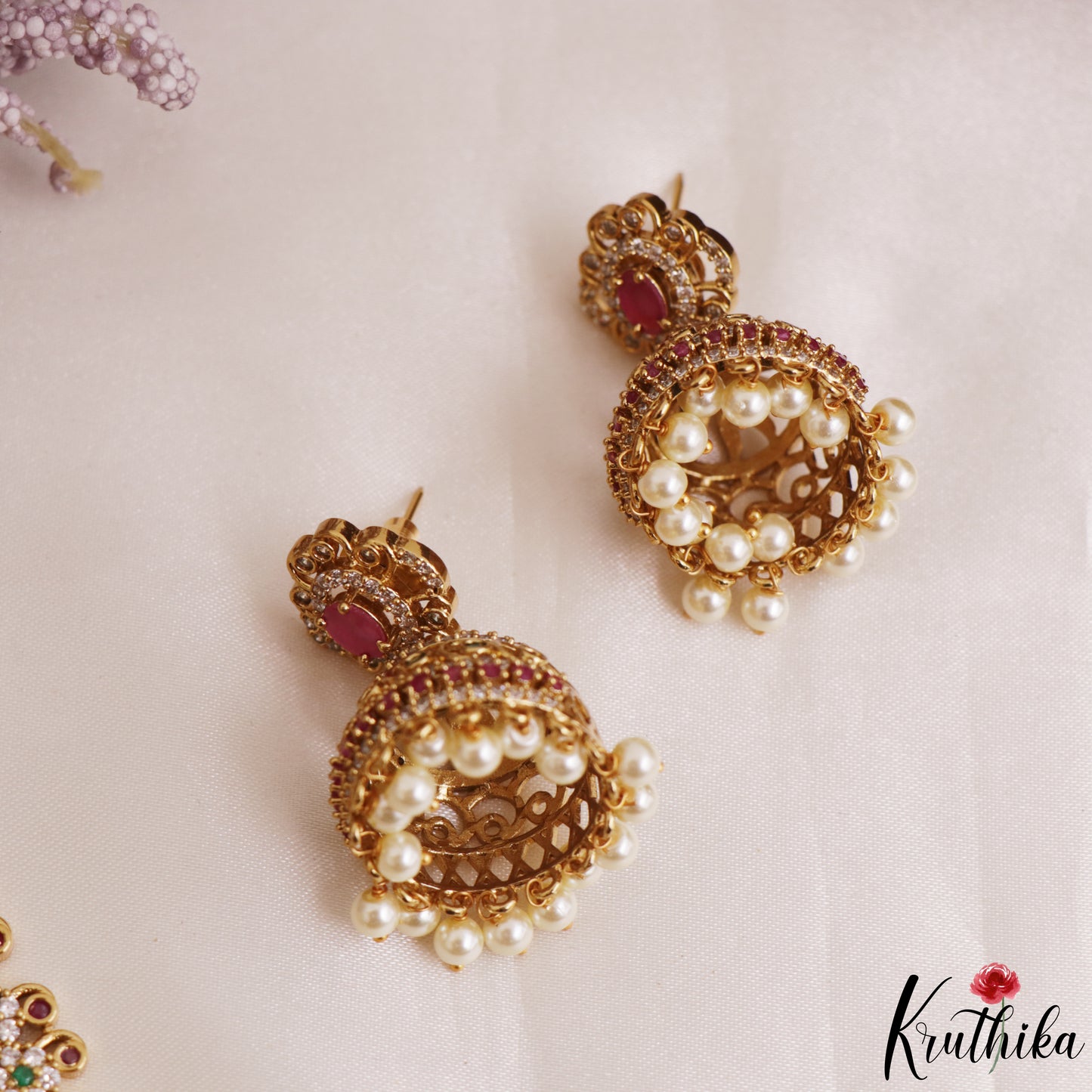 Sparkling Floral Motifs CZ Victorian Haaram With Pearl Drops LH2173