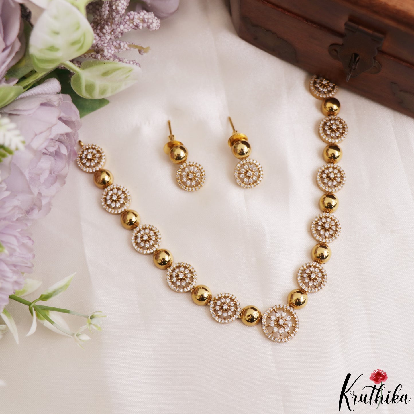 Pretty Floral Motifs Gold-Tone CZ Choker NC3225