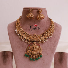 Beautiful Lakshmi Kasu Jadau necklace with green bead drops NC1875