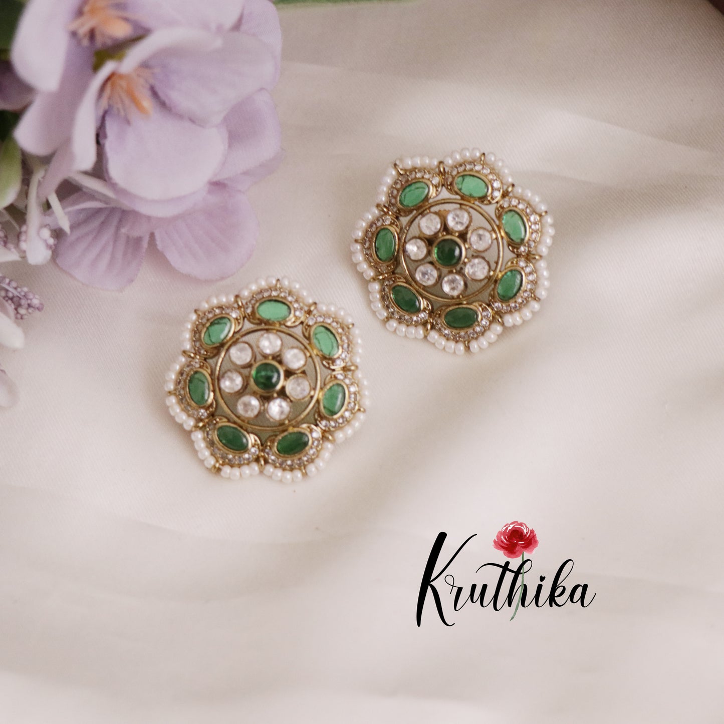 Trendy Pearl Border Floral Blossom Stud Earrings E683 (Available in 3 Colors)