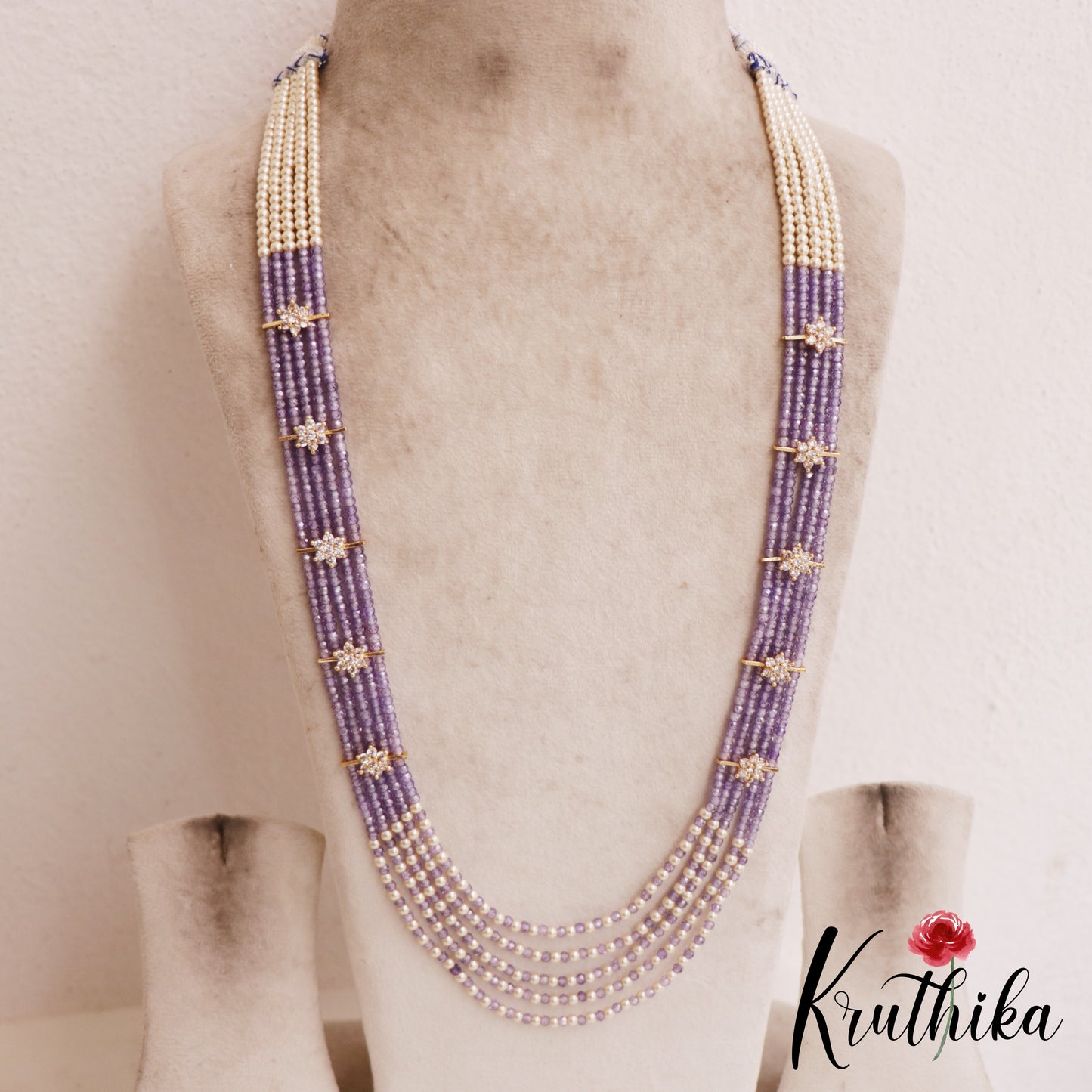 Sparkling Multi Layered crystal & Pearl statement Haaram with floral accents LH2081