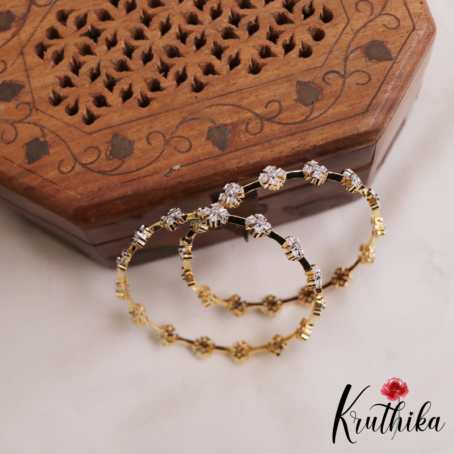 Trendy Floral Motifs Diamond-Finish Gold-Tone AD Bangles B519 (Set Of 2)