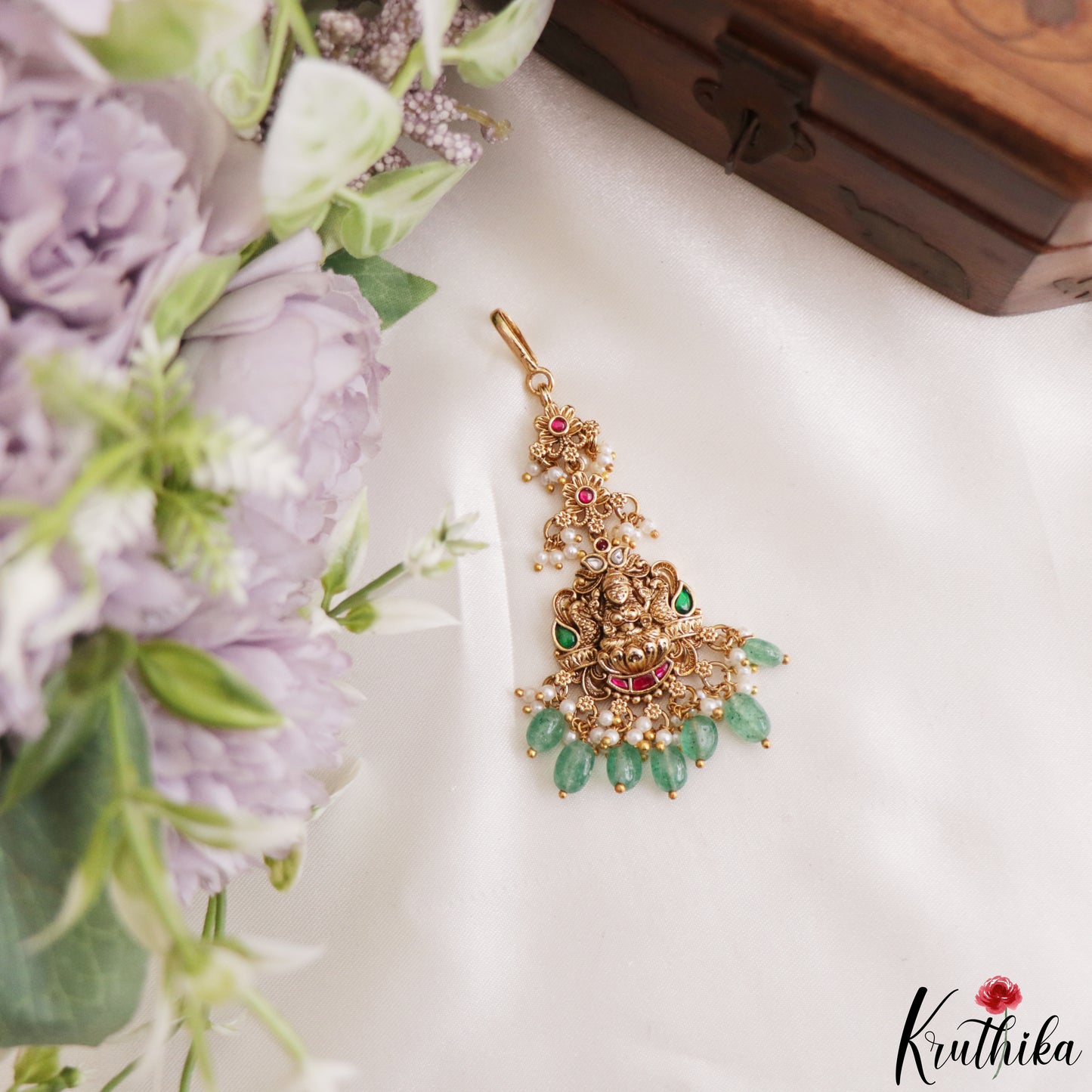 Trendy Antique Lakshmi Peacock Motifs Jadau Maang Tikka With Pearl Bead Drops MT400 (Available In 4 Colors)
