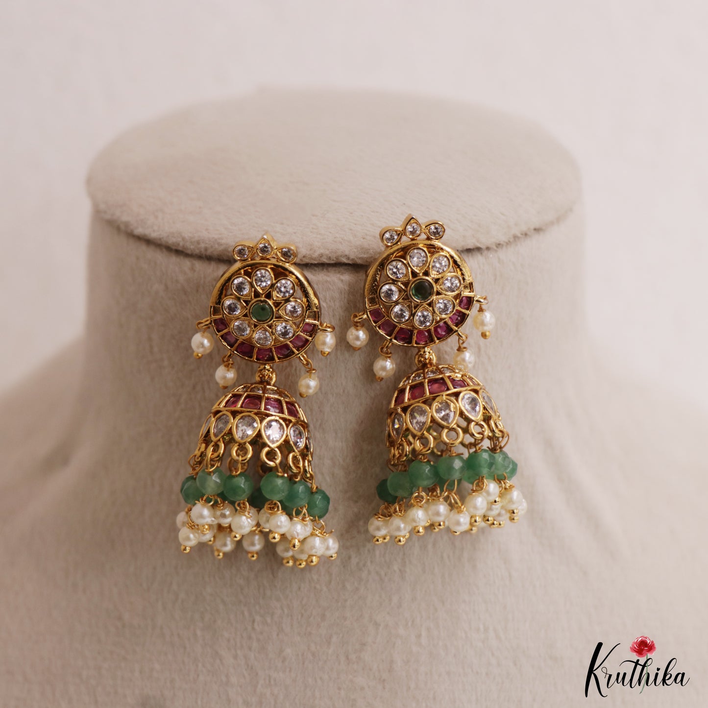Trendy Floral Motifs Kemp Jhumas With Pearl Bead Drops E1147