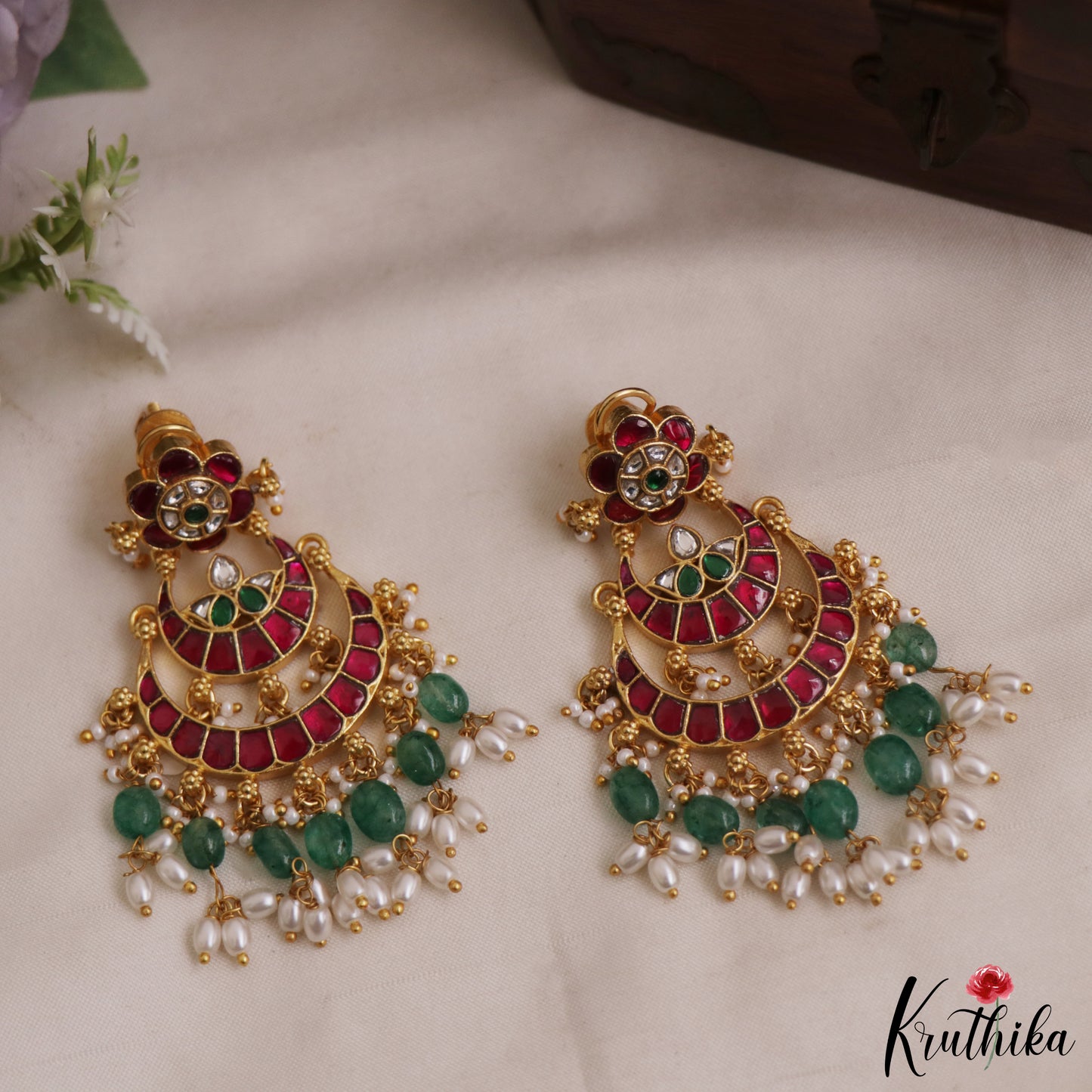Gorgeous Floral Motifs Chandbali Jadau Earrings With Green Bead Drops E1084