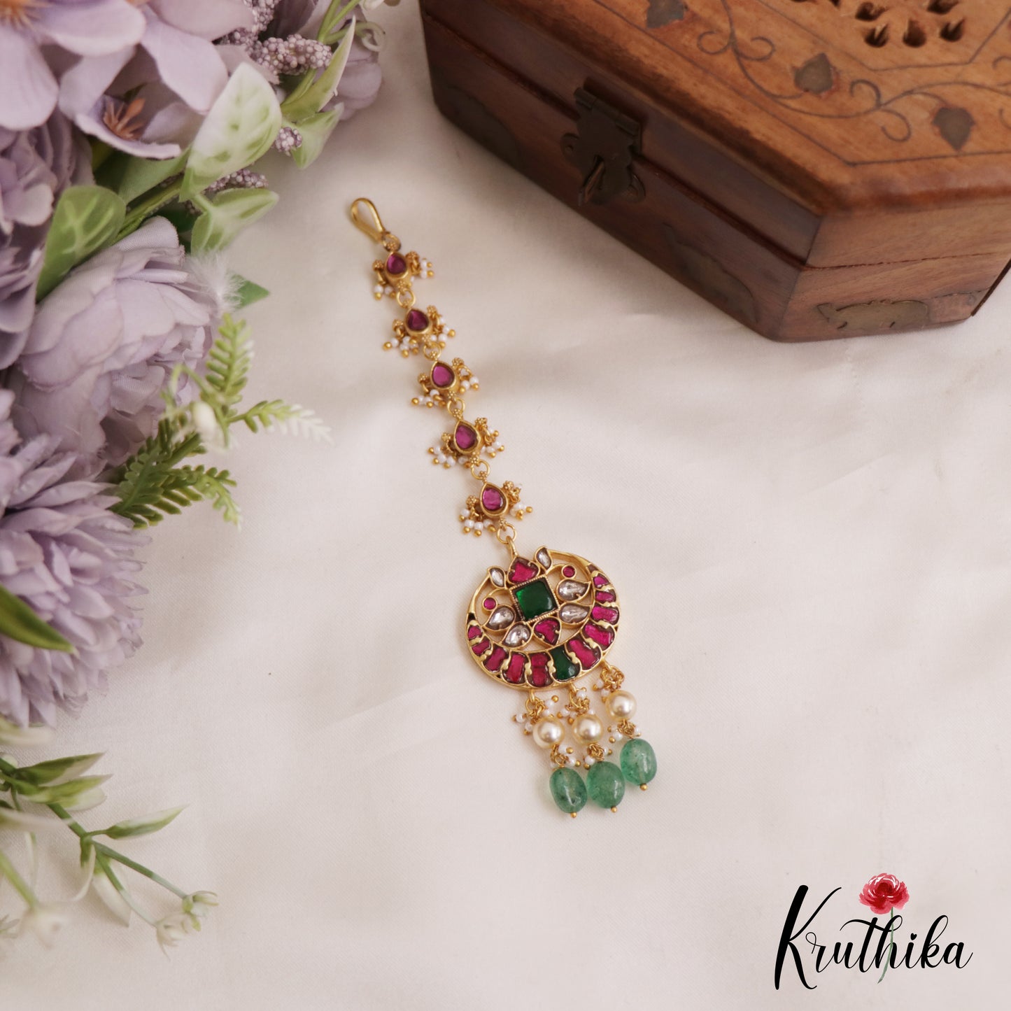 Beautiful Teardrop Motifs Maang Tikka With Green Bead Drops MT360