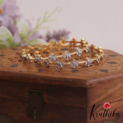 Trendy Floral Motifs Diamond-Finish Gold-Tone AD Bangles B519 (Set Of 2)