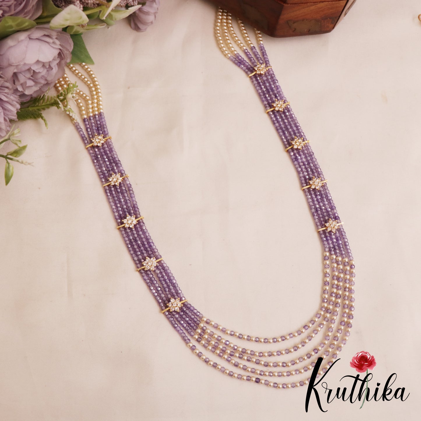 Sparkling Multi Layered crystal & Pearl statement Haaram with floral accents LH2081