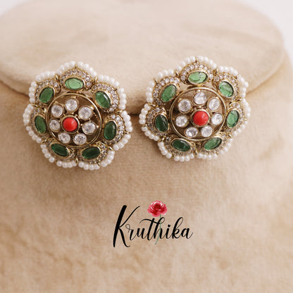 Trendy Pearl Border Floral Blossom Stud Earrings E683 (Available in 3 Colors)