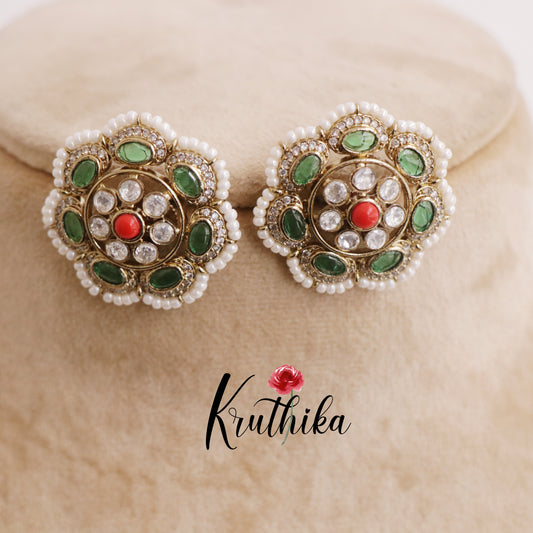 Trendy Pearl Border Floral Blossom Stud Earrings E683 (Available in 3 Colors)