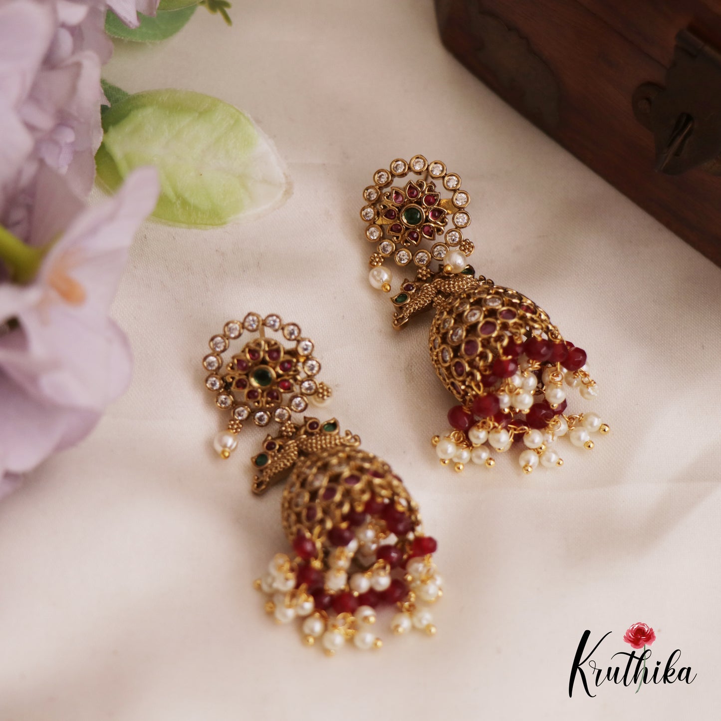 Gorgeous Floral Peacock Motifs Jadau Jhumka With Bead Drops E1000 (Available In 2 Colors)