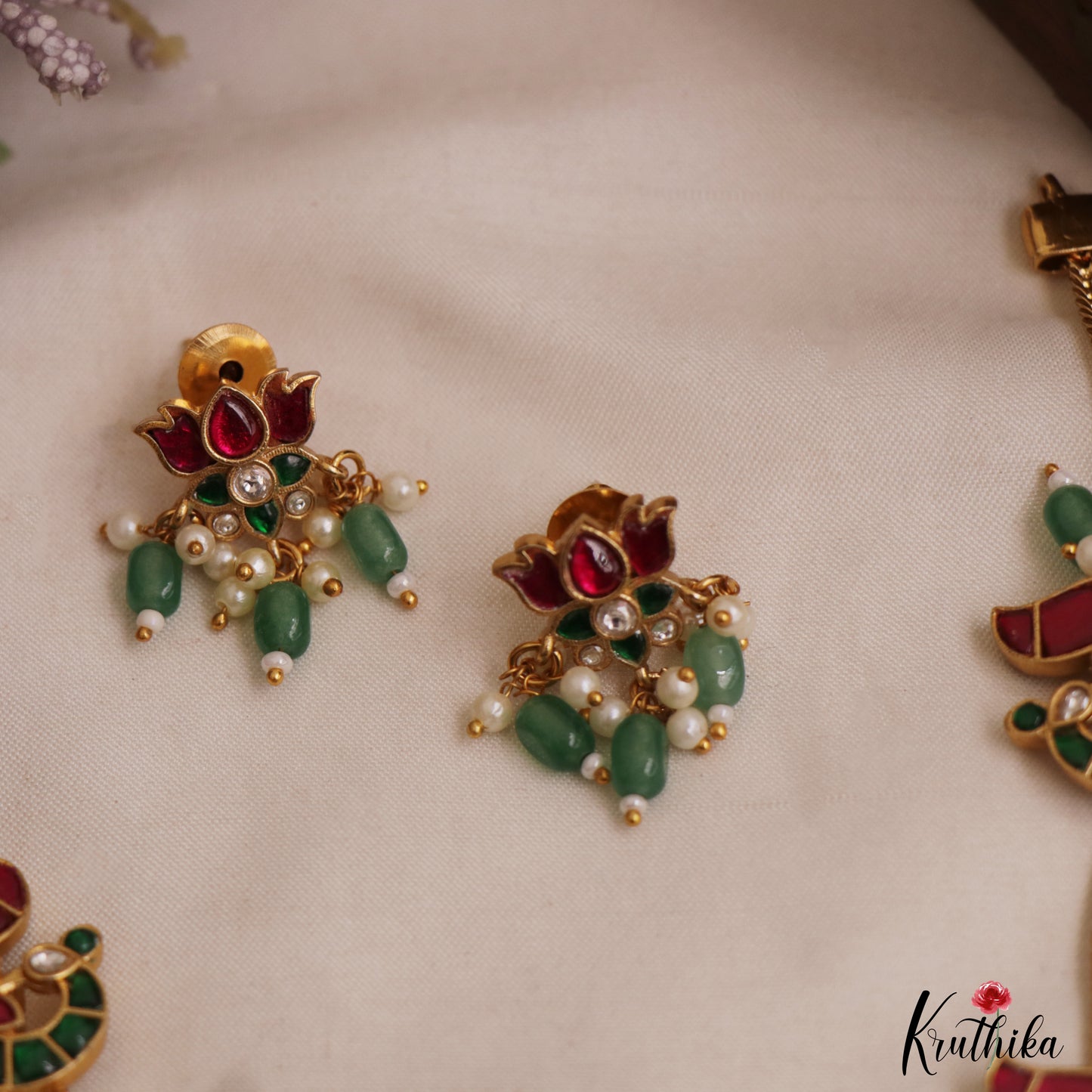 Pretty Lotus Peacock Motifs Jadau Necklace With Green Bead Drops NC3029