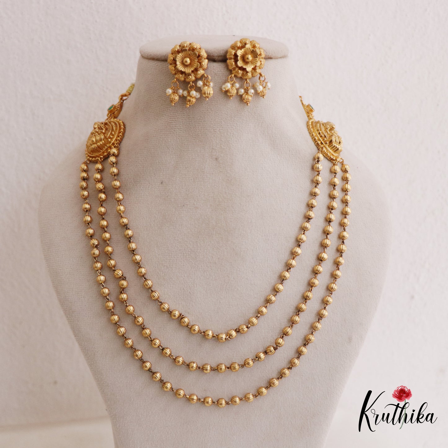 Beautiful Antique Lakshmi Motifs Triple Strand Golden Beaded Chain Necklace NC2707