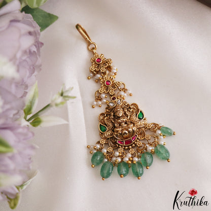 Trendy Antique Lakshmi Peacock Motifs Jadau Maang Tikka With Pearl Bead Drops MT400 (Available In 4 Colors)