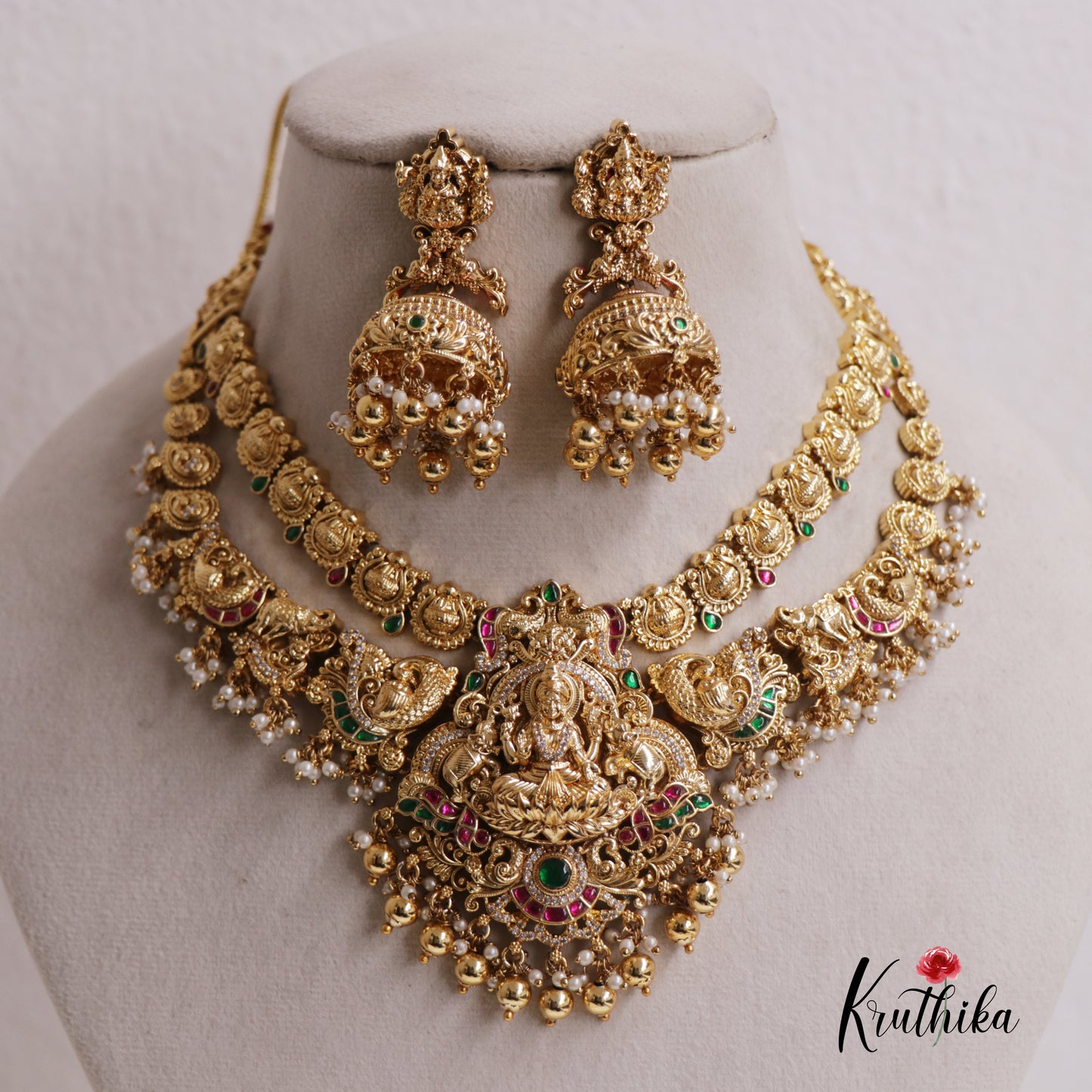 Premium Jadau Antique Lakshmi Peacock Necklace with Beads NC2528 (Available In 2 Colours)