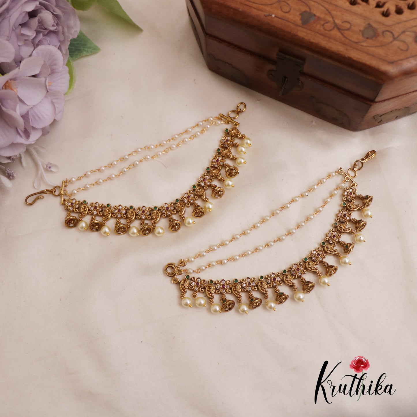 Beautiful Kemp Floral Pearl Drop Jhumka With Three Layered Earchains  EC166