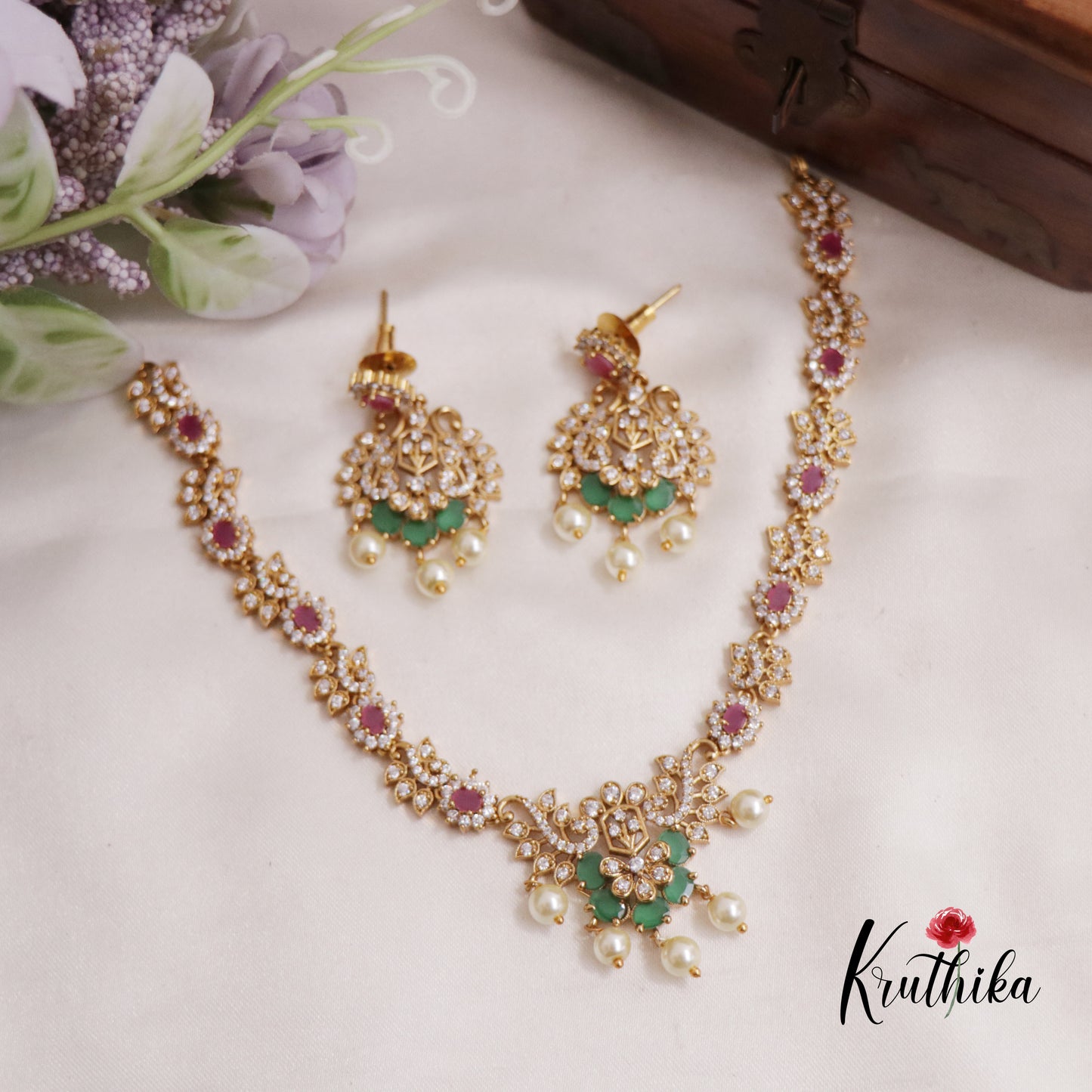 Classic CZ Floral Peacock With Pearl Drops Necklace NC2544